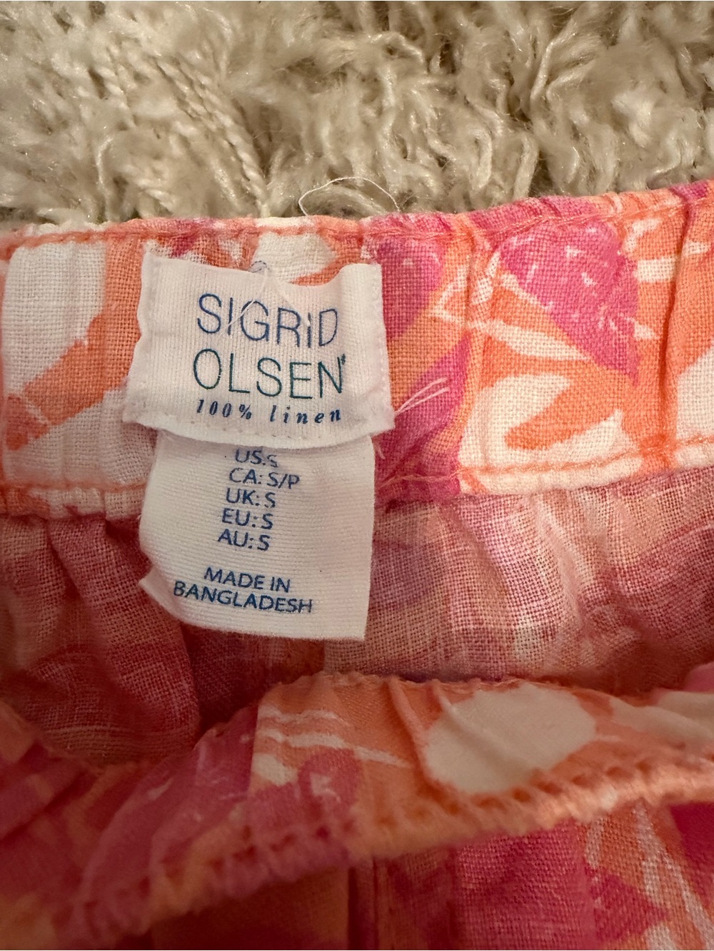 Women’s Linen Pink & Orange Leaf-Print Casual Drawstring Shorts - Picture 2 of 3